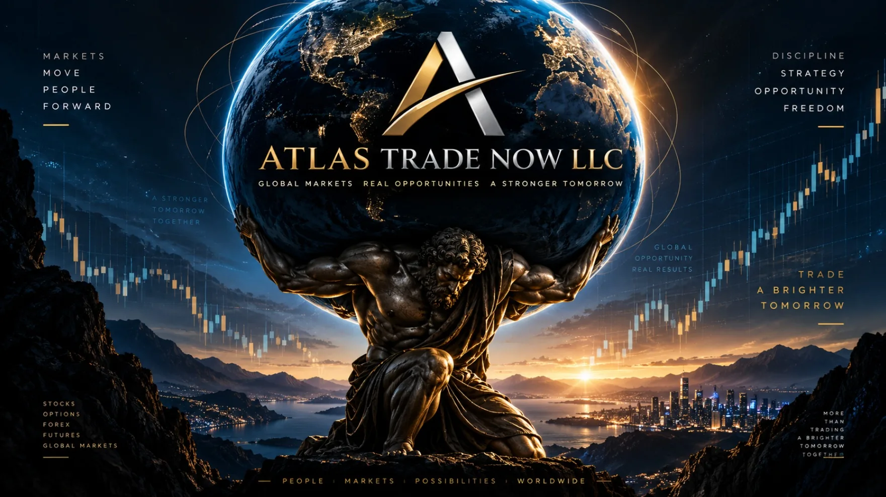 Metallic A and Atlas holding a glowing globe above global markets at sunrise, with Atlas Trade Now LLC branding